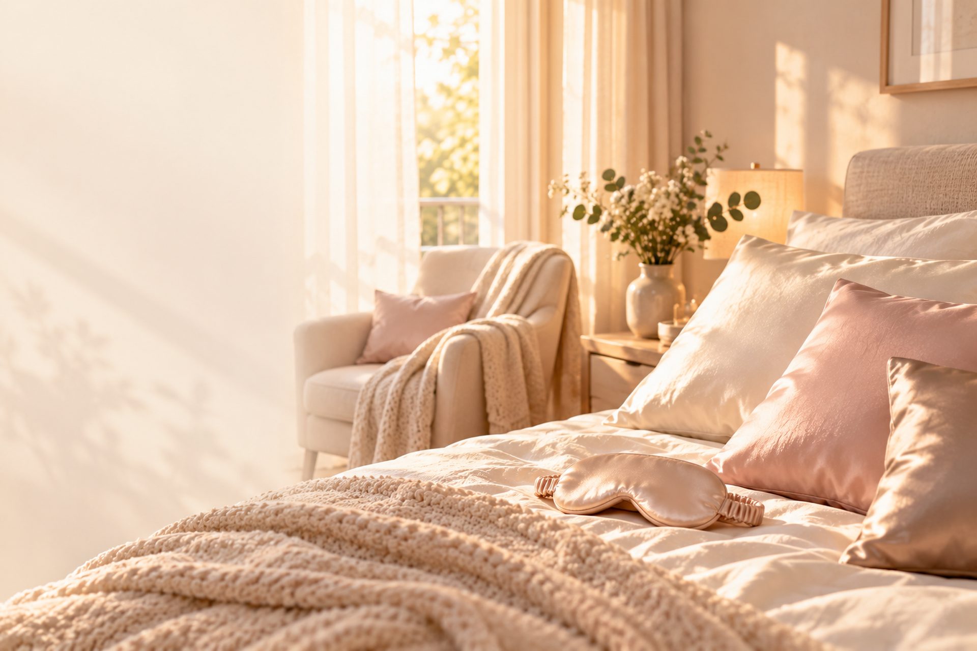 Chambre lumineuse avec fauteuil en lin et oreillers en soie de mûrier