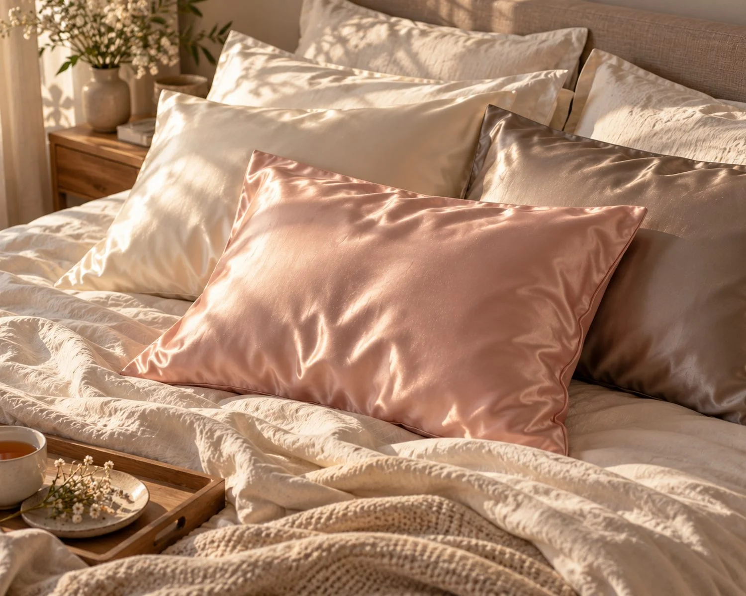 Taies d’oreiller en soie de mûrier 22 mommes sur un lit