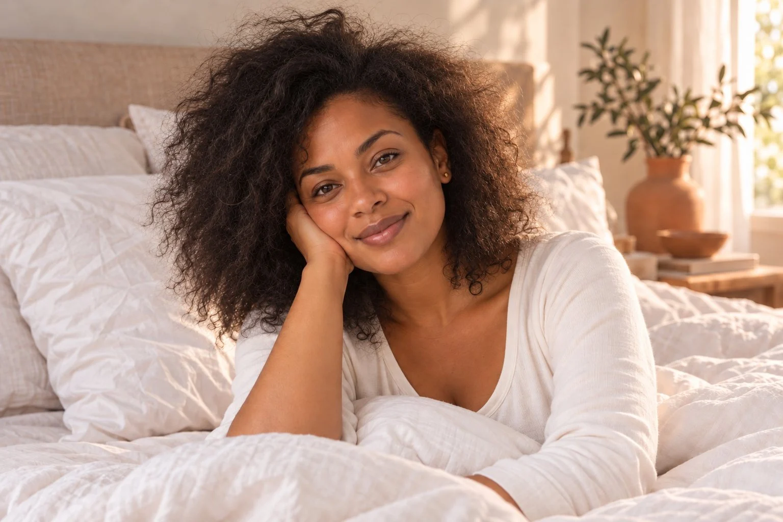 Femme aux cheveux bouclés, frisottés et emmêlés au réveil après une nuit sur une taie d’oreiller en coton