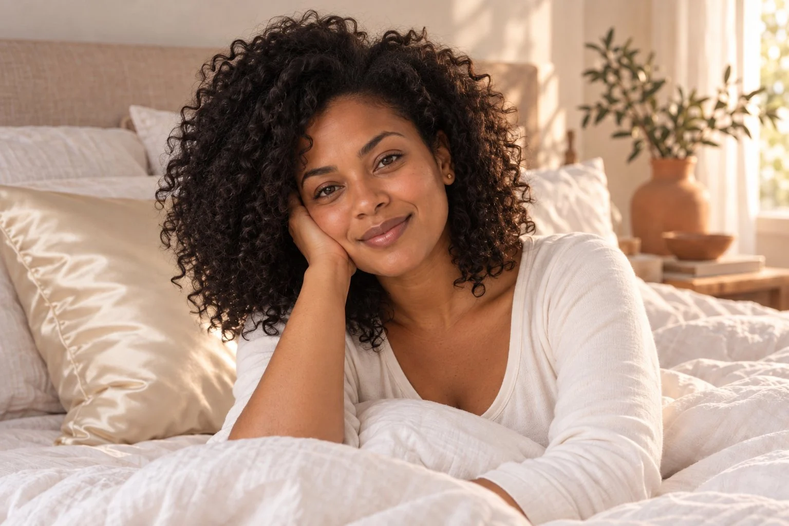 Femme aux cheveux bouclés, souples et définis au réveil après une nuit sur une taie d’oreiller en soie champagne