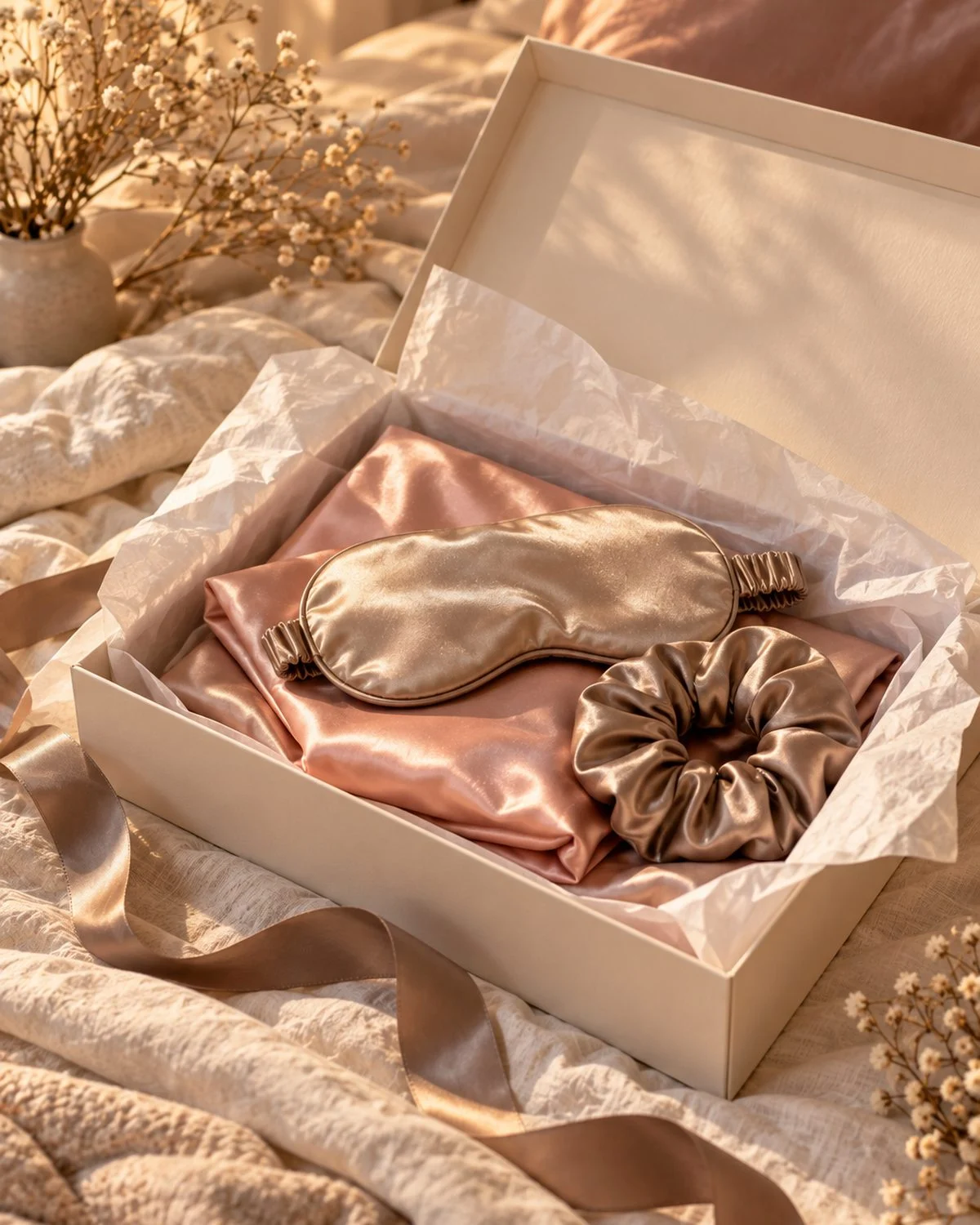 Coffret cadeau ouvert contenant une taie, un masque et un chouchou en soie de mûrier