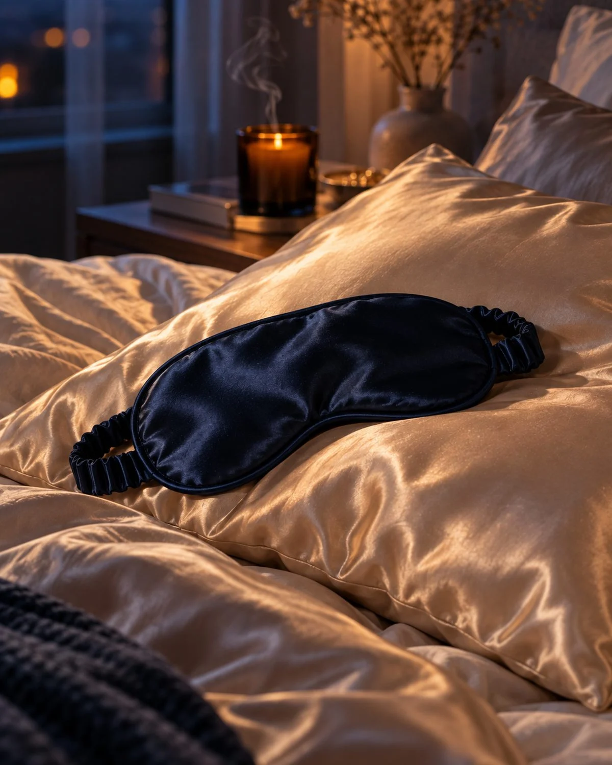Masque de sommeil en soie bleu nuit posé sur une taie en soie champagne, à la tombée de la nuit