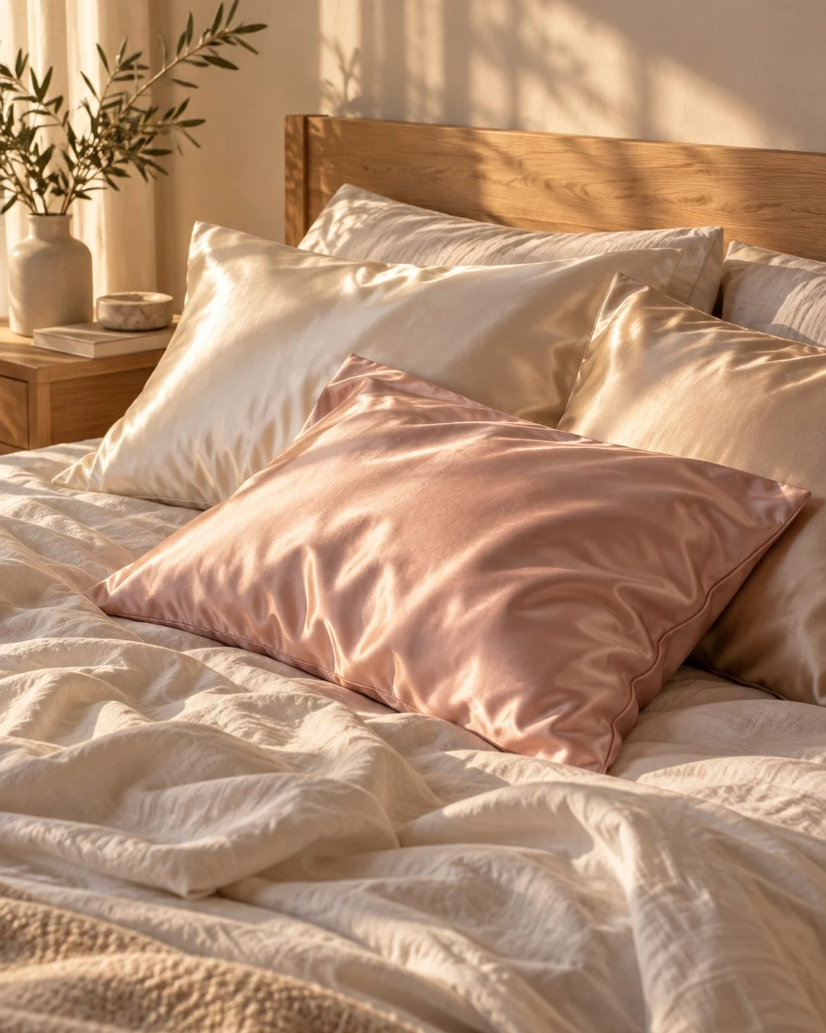 Lit habillé de taies d’oreiller en soie de mûrier ivoire, champagne et rose poudré au soleil du matin