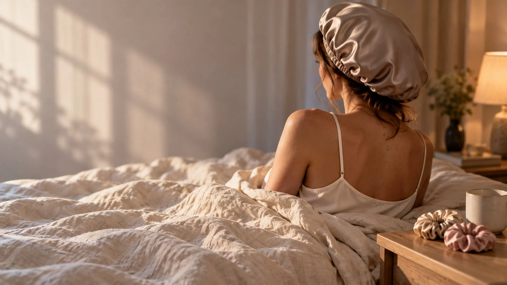Femme de dos dans son lit, coiffée d’un bonnet de nuit en soie, chouchous en soie sur la table de nuit