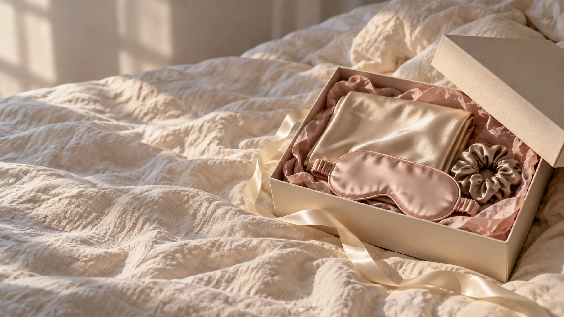 Coffret cadeau ouvert sur un lit, avec une taie, un masque et un chouchou en soie de mûrier