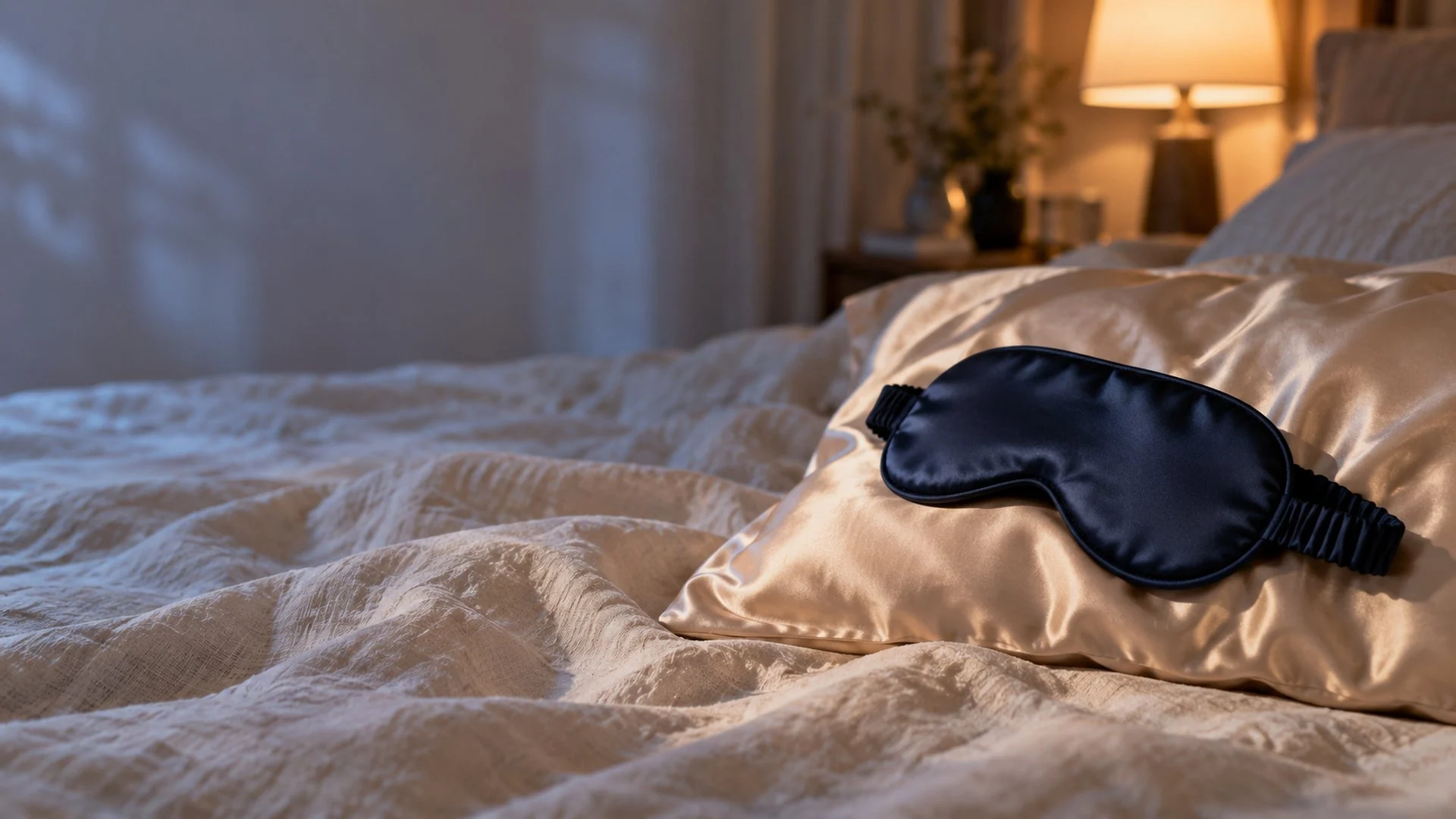 Masque de sommeil en soie de mûrier bleu nuit posé sur un oreiller en soie champagne, à la lumière d’une lampe de chevet