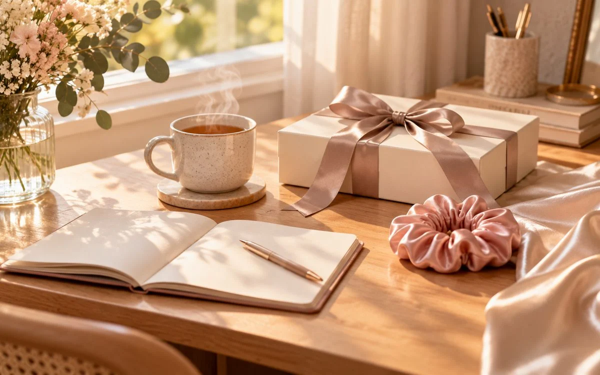 Bureau avec tasse de thé, carnet et coffret noué d’un ruban de soie
