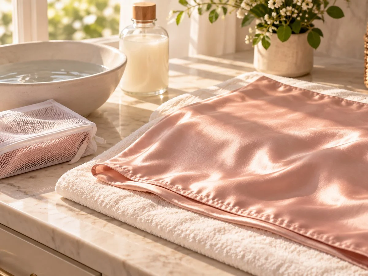 Taie en soie séchant à plat à côté d’un filet de lavage et d’une lessive douce