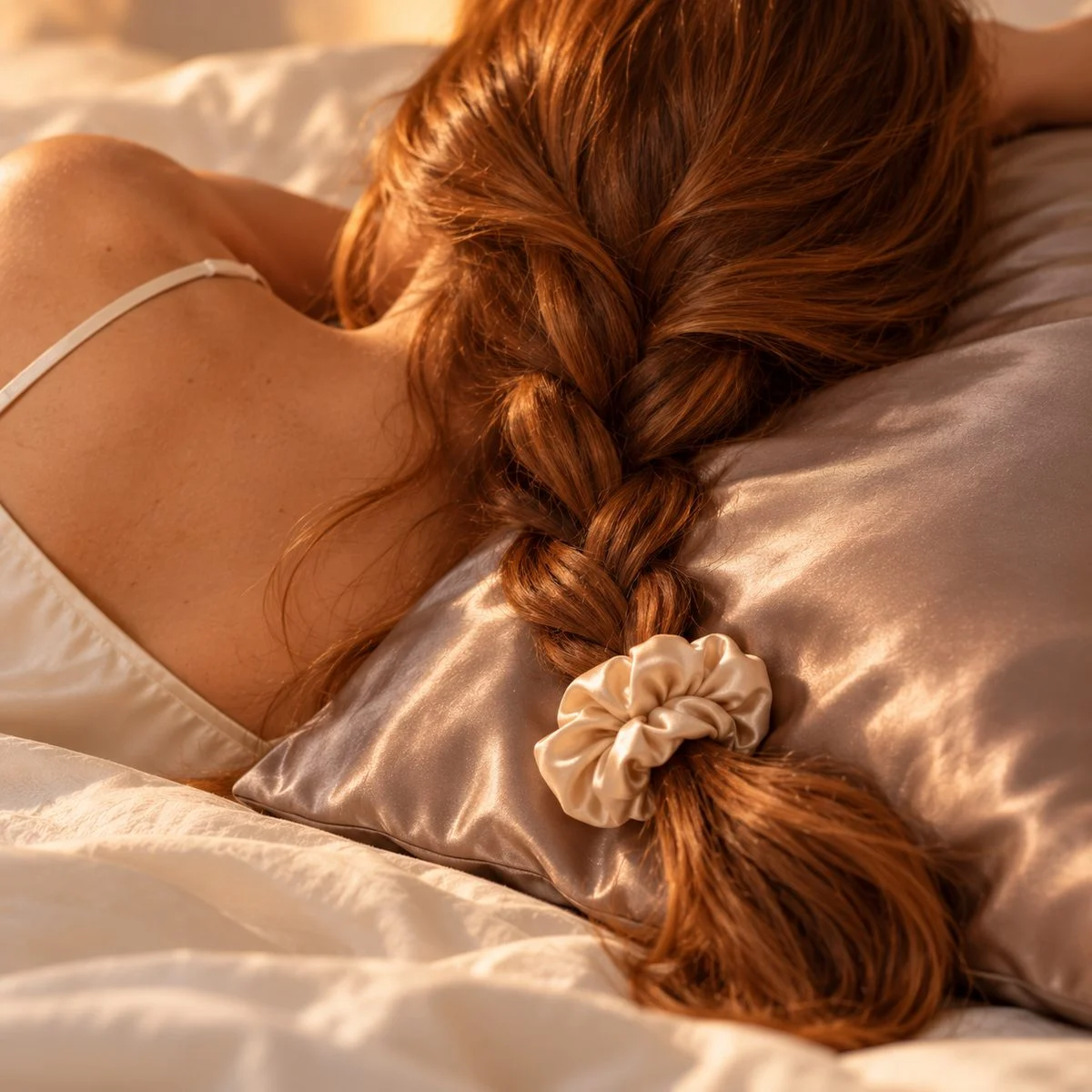 Tresse nouée par un chouchou en soie reposant sur une taie d’oreiller en soie
