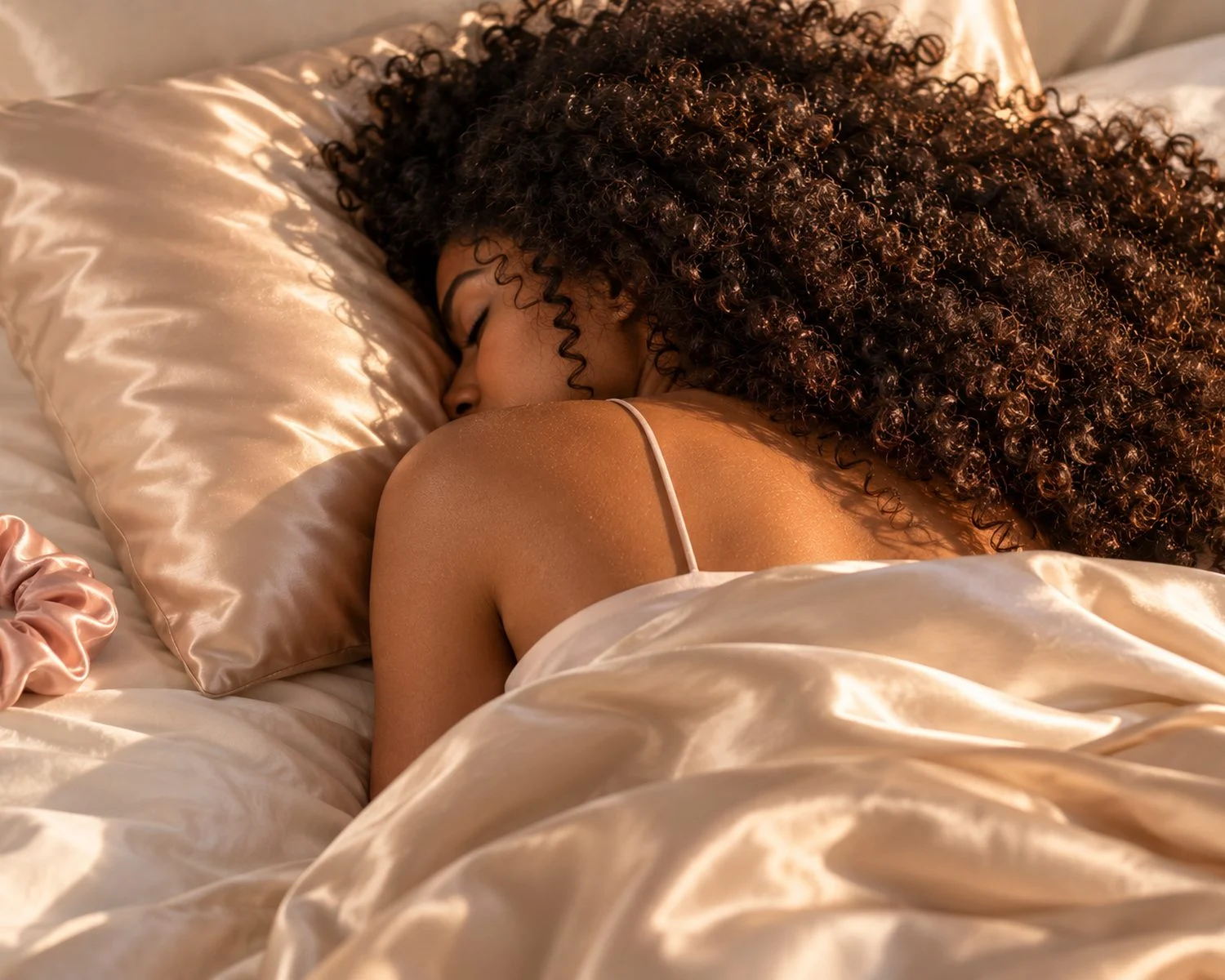 Femme aux cheveux bouclés endormie sur une taie d’oreiller en soie champagne