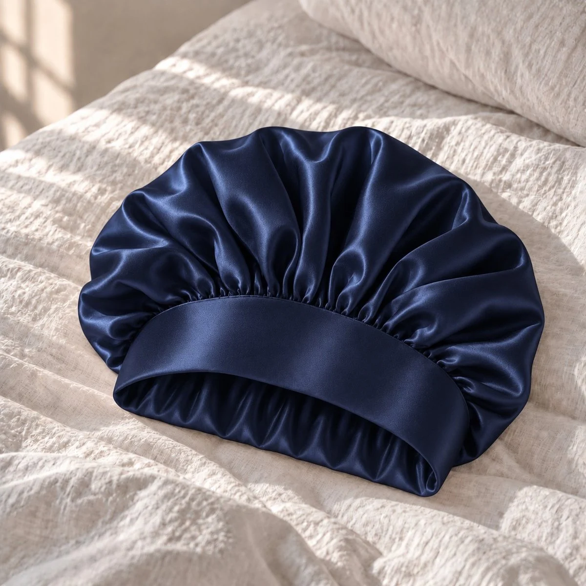 Bonnet de nuit en soie bleu nuit posé sur un lit