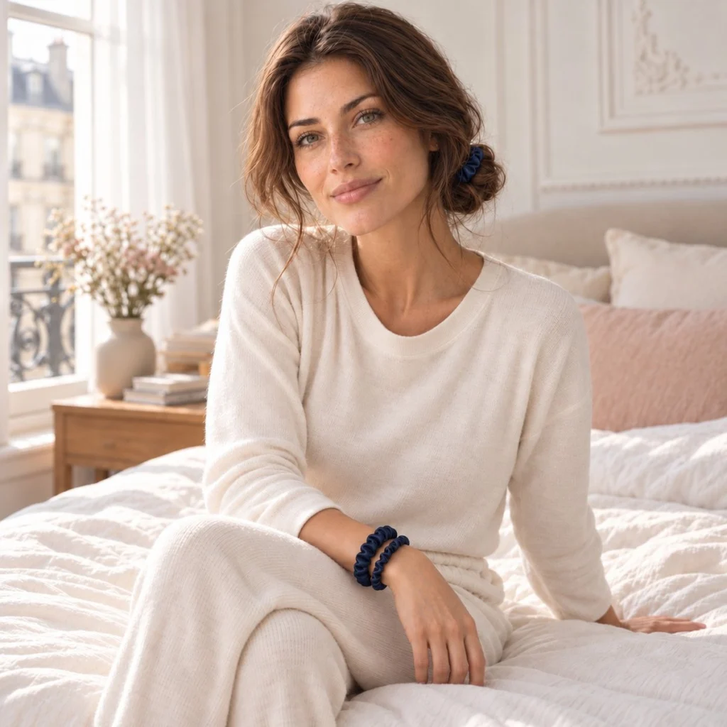 Femme portant des chouchous en soie bleu nuit dans une chambre parisienne