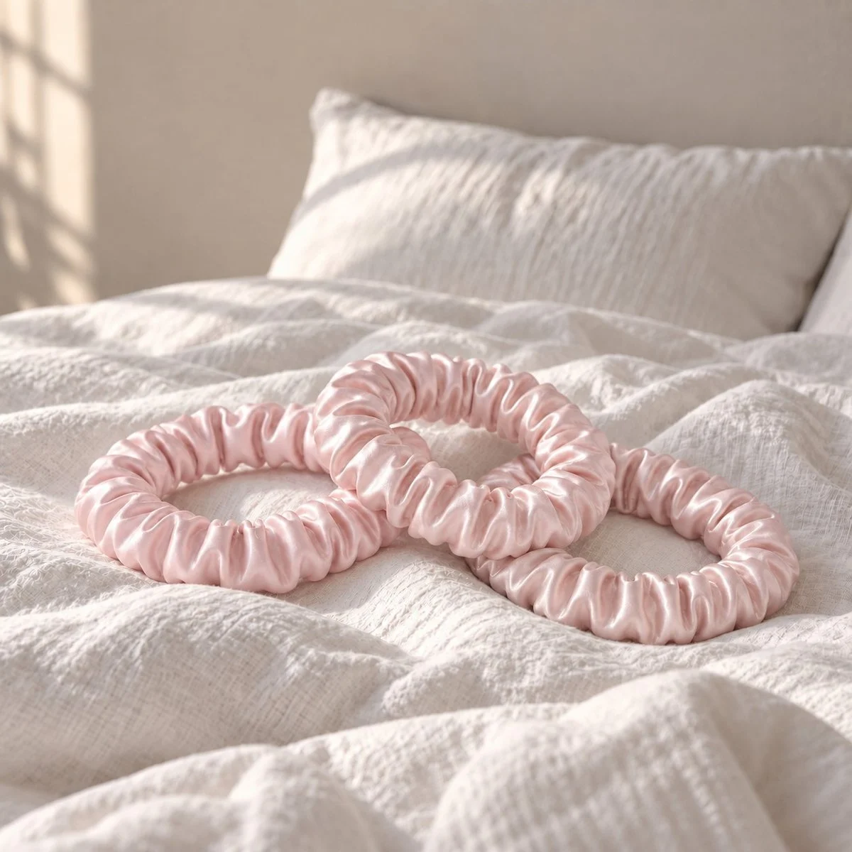 Trois chouchous en soie rose poudré de largeurs différentes posés sur un lit