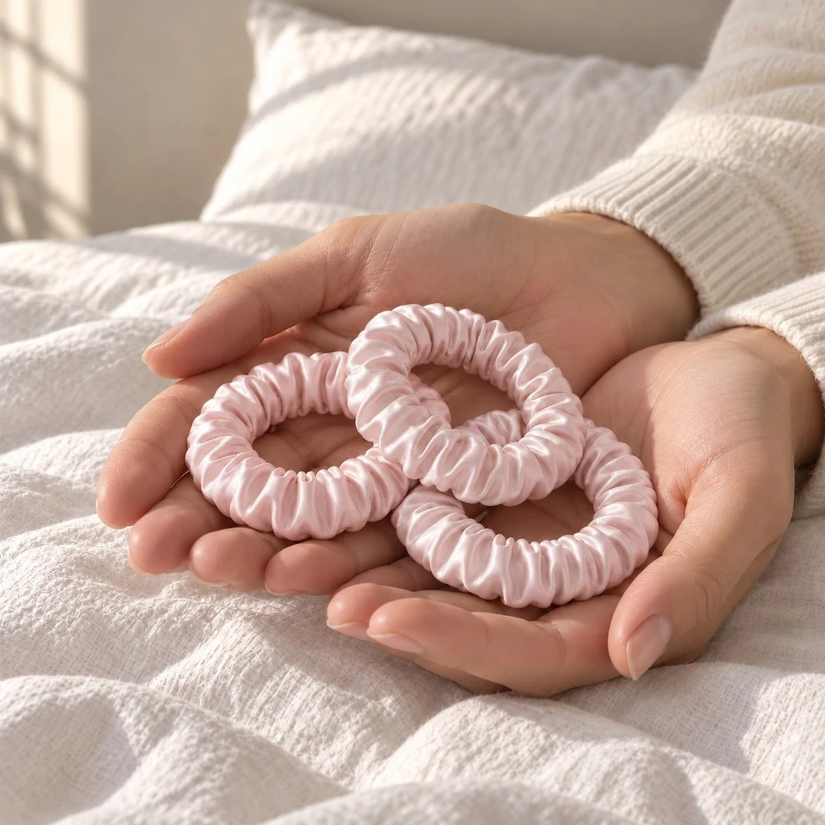 Chouchous en soie rose poudré portés au poignet