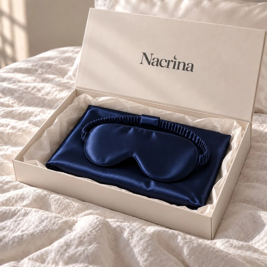 Coffret Sommeil 3D ouvert : pièces en soie bleu nuit dans une boîte cadeau ivoire Nacrina