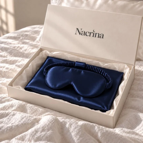 Coffret Sommeil 3D ouvert : pièces en soie bleu nuit dans une boîte cadeau ivoire Nacrina