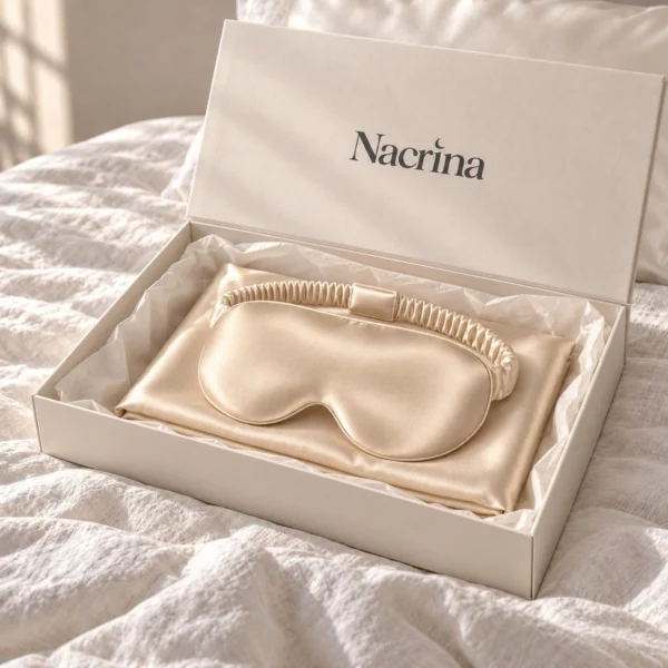 Coffret Sommeil 3D ouvert : pièces en soie champagne dans une boîte cadeau ivoire Nacrina