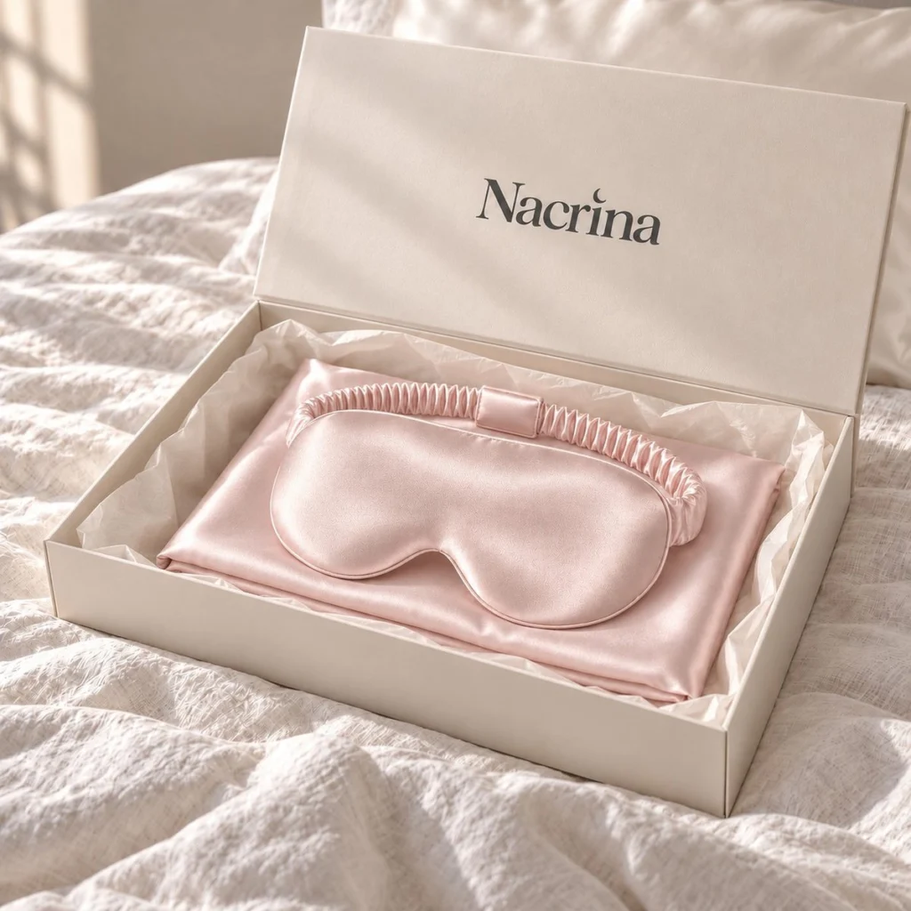 Coffret Sommeil 3D ouvert : pièces en soie rose poudré dans une boîte cadeau ivoire Nacrina