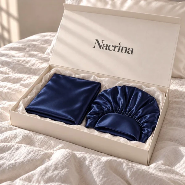 Coffret Routine Cheveux ouvert : pièces en soie bleu nuit dans une boîte cadeau ivoire Nacrina