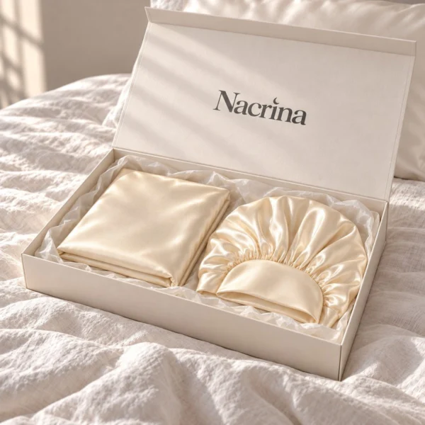 Coffret Routine Cheveux ouvert : pièces en soie champagne dans une boîte cadeau ivoire Nacrina