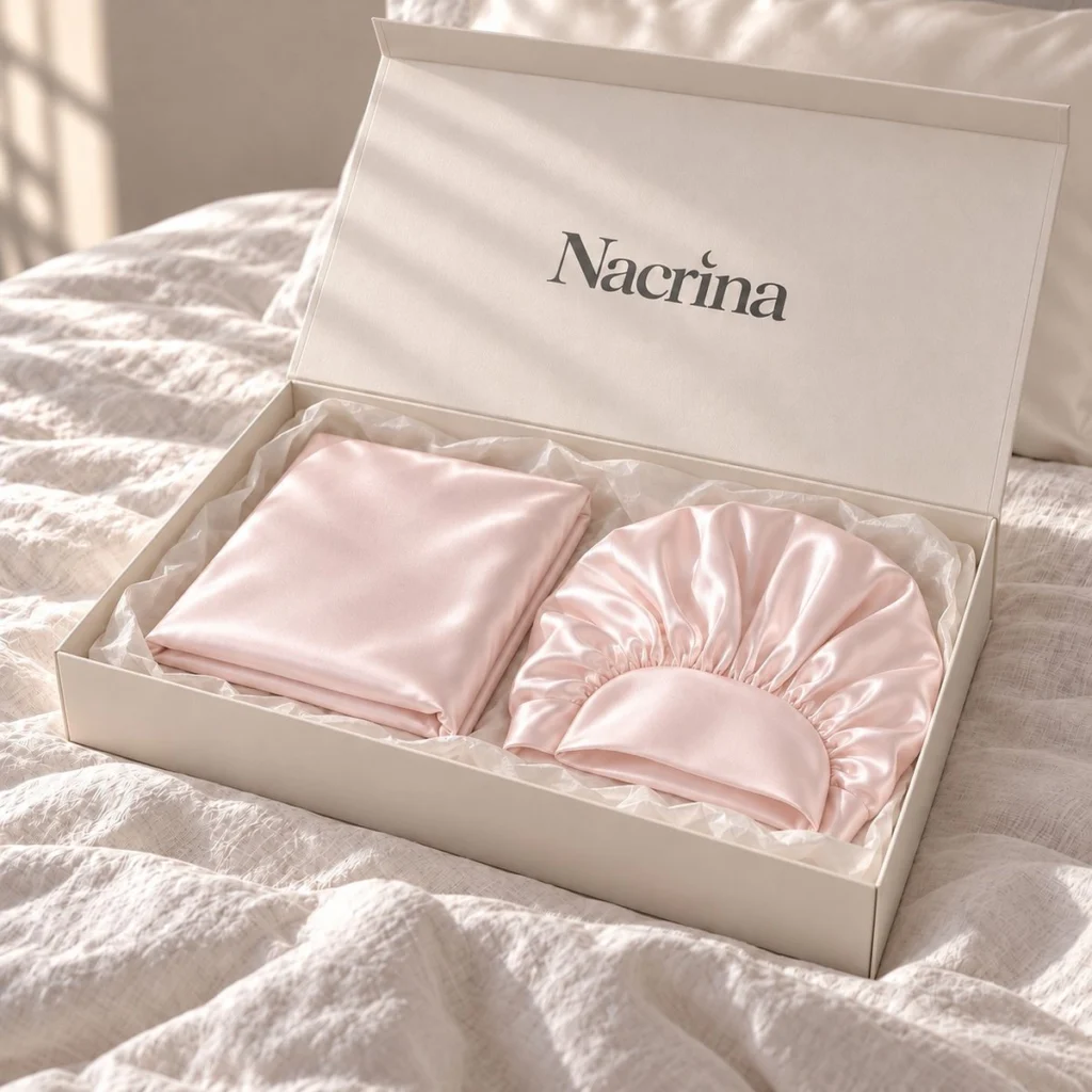 Coffret Routine Cheveux ouvert : pièces en soie rose poudré dans une boîte cadeau ivoire Nacrina