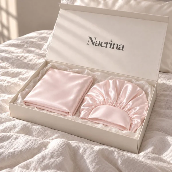 Coffret Routine Cheveux ouvert : pièces en soie rose poudré dans une boîte cadeau ivoire Nacrina