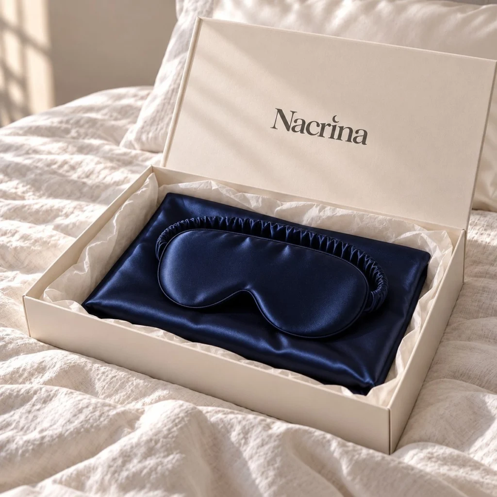 Coffret Sommeil King ouvert : pièces en soie bleu nuit dans une boîte cadeau ivoire Nacrina