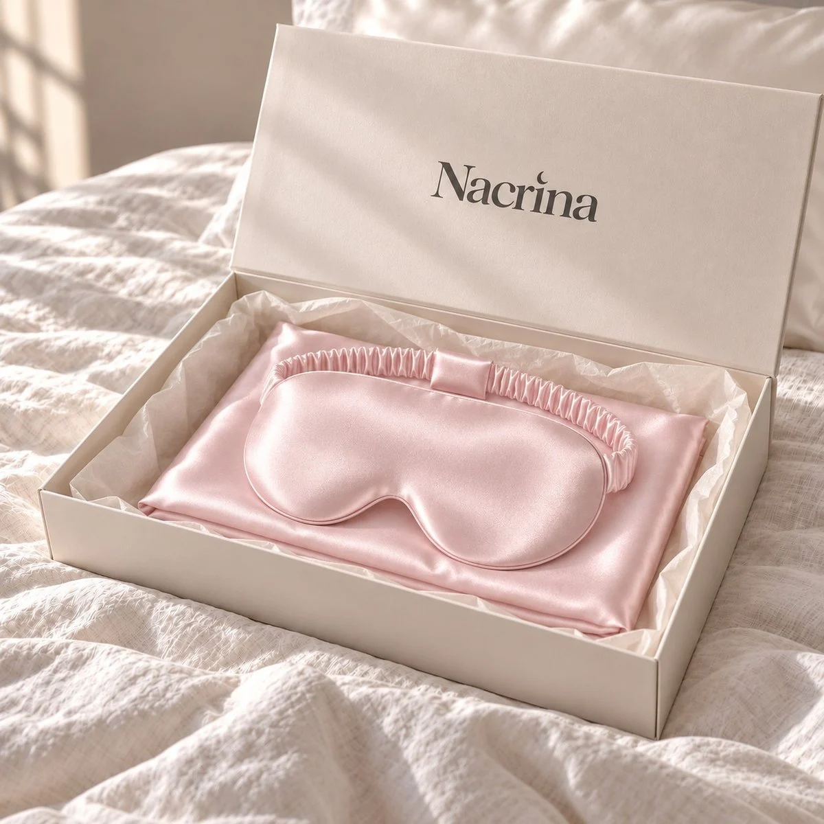Coffret Sommeil King ouvert : pièces en soie rose poudré dans une boîte cadeau ivoire Nacrina