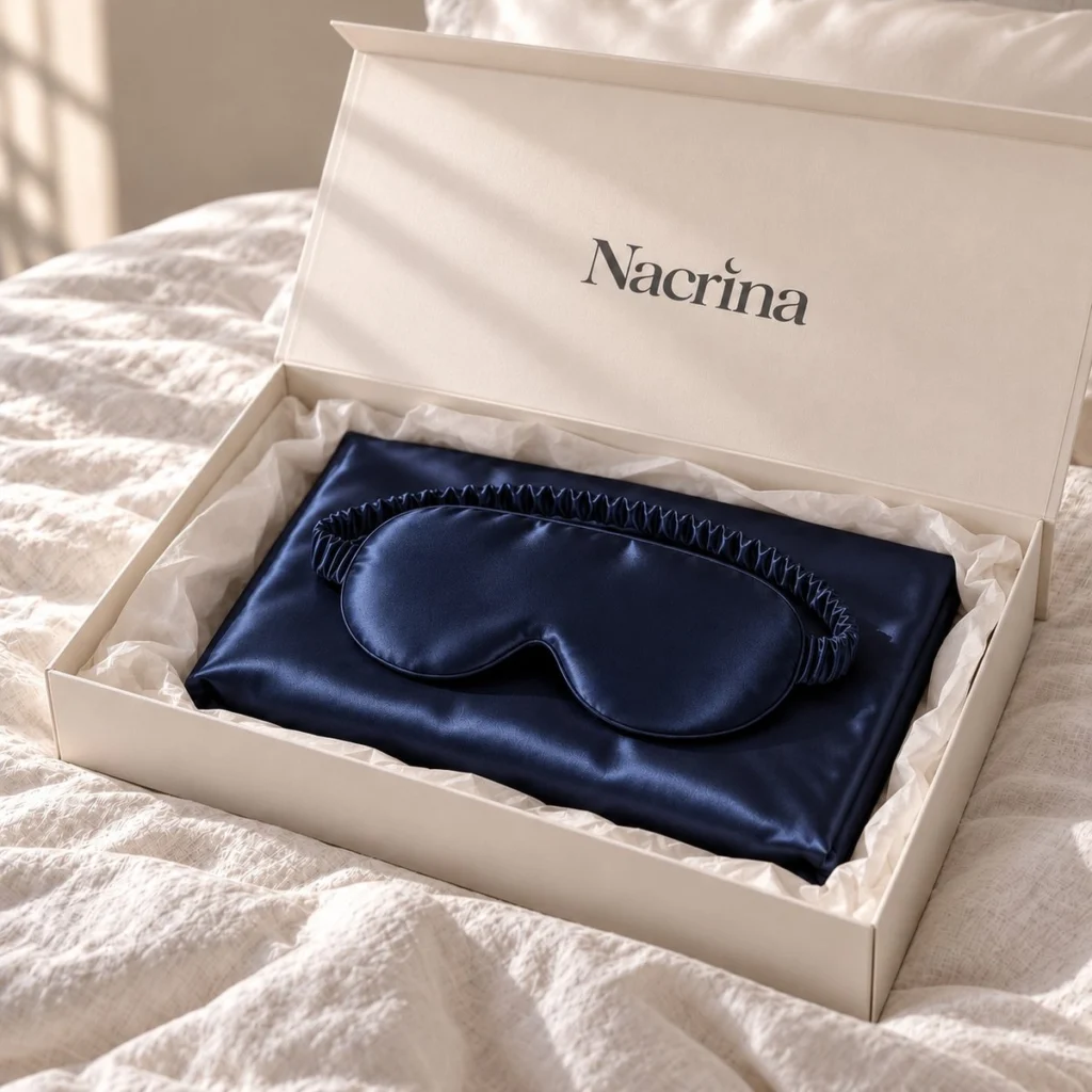 Coffret Routine Peau ouvert : pièces en soie bleu nuit dans une boîte cadeau ivoire Nacrina