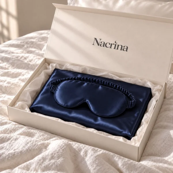 Coffret Routine Peau ouvert : pièces en soie bleu nuit dans une boîte cadeau ivoire Nacrina
