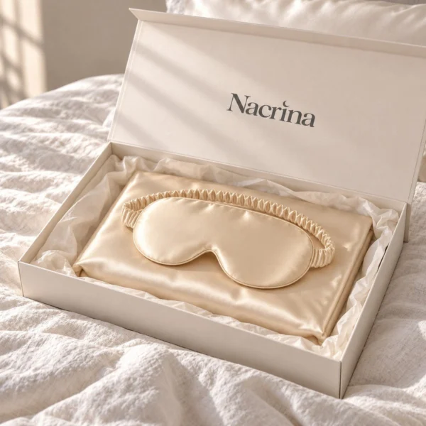 Coffret Routine Peau ouvert : pièces en soie champagne dans une boîte cadeau ivoire Nacrina