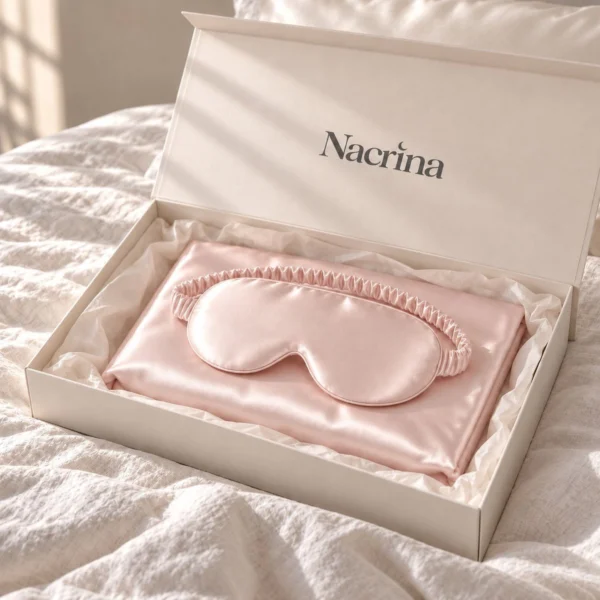 Coffret Routine Peau ouvert : pièces en soie rose poudré dans une boîte cadeau ivoire Nacrina