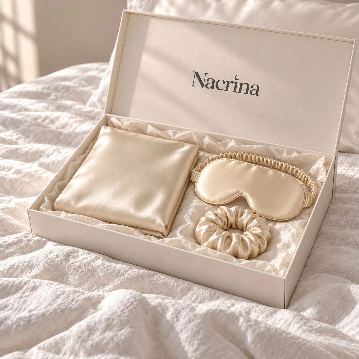 Coffret Rituel Nuit ouvert : pièces en soie champagne dans une boîte cadeau ivoire Nacrina