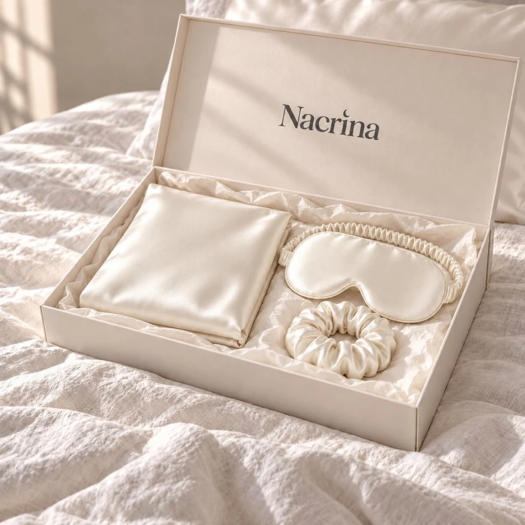 Coffret Rituel Nuit ouvert : pièces en soie ivoire dans une boîte cadeau ivoire Nacrina