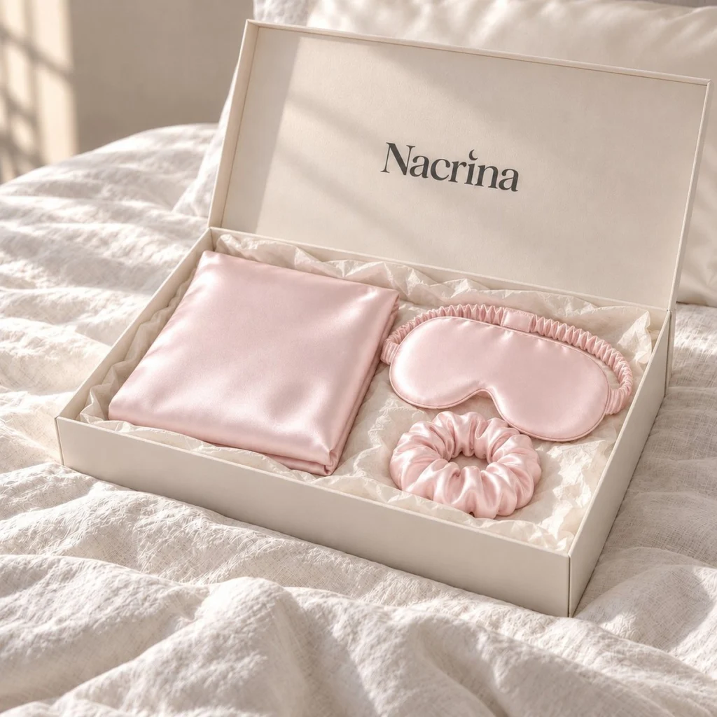 Coffret Rituel Nuit ouvert : pièces en soie rose poudré dans une boîte cadeau ivoire Nacrina