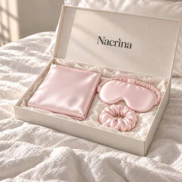 Coffret Rituel Nuit ouvert : pièces en soie rose poudré dans une boîte cadeau ivoire Nacrina