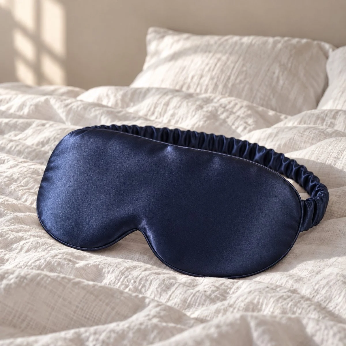 Masque de nuit en soie bleu nuit posé sur un lit