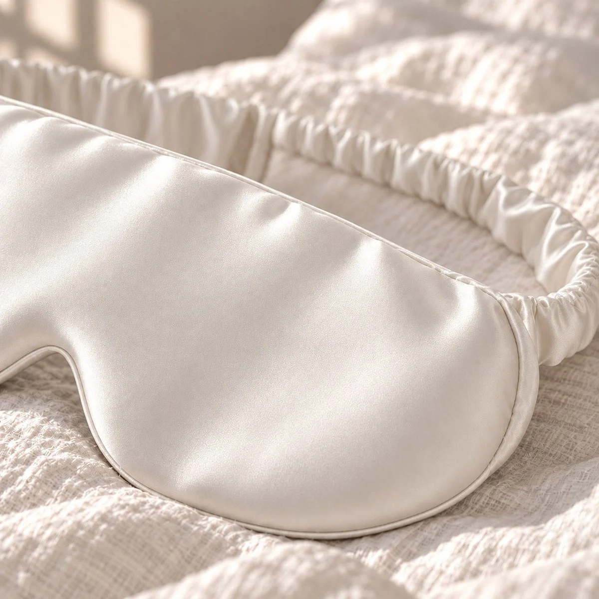 Gros plan sur la soie rembourrée d’un masque de nuit ivoire