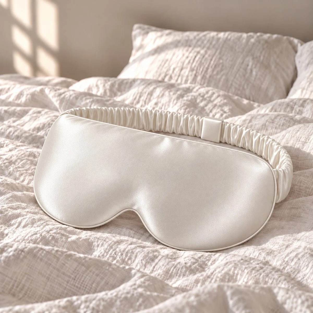 Masque de sommeil 3D en soie ivoire posé sur un lit