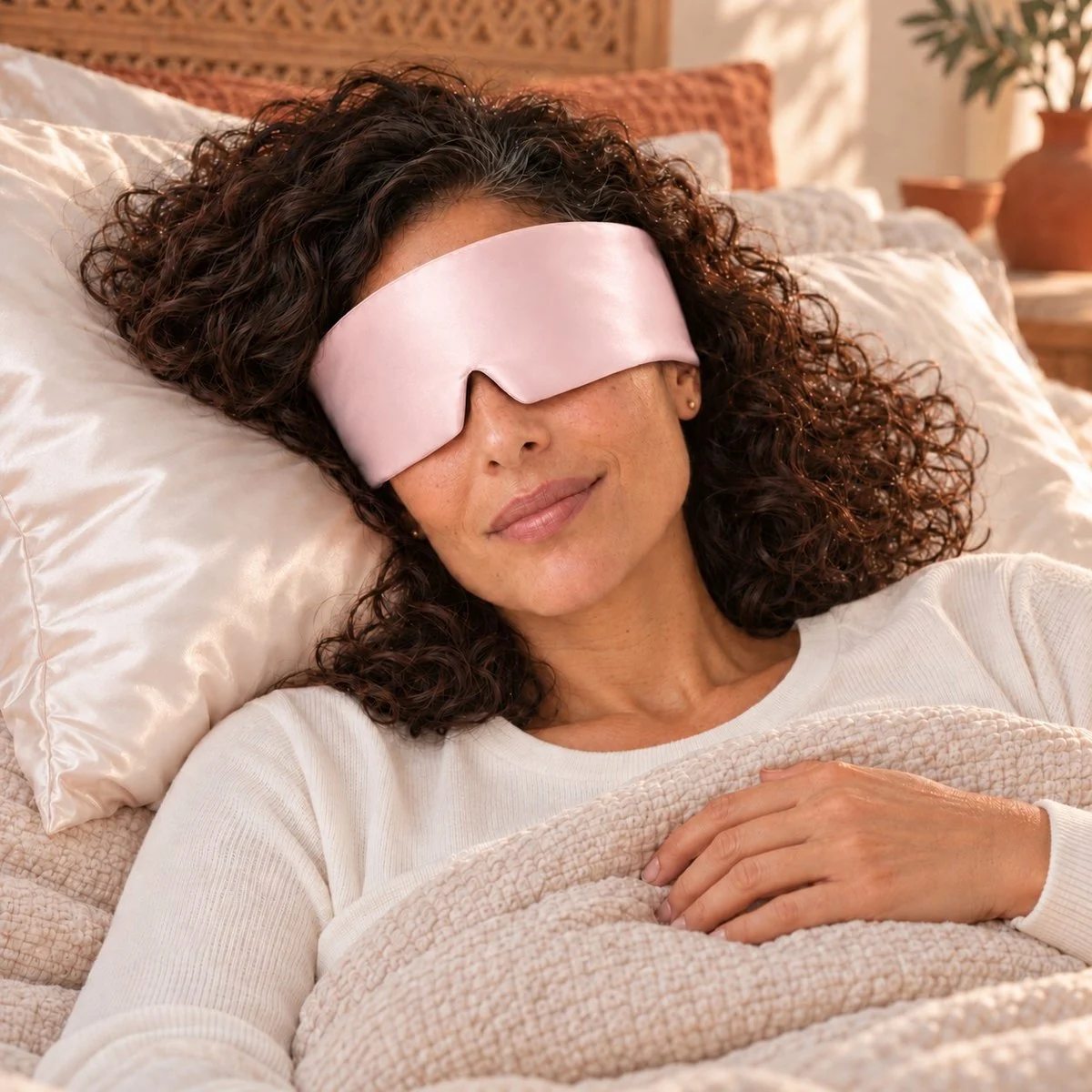 Femme avec un masque de sommeil King en soie rose poudré dans une chambre méditerranéenne
